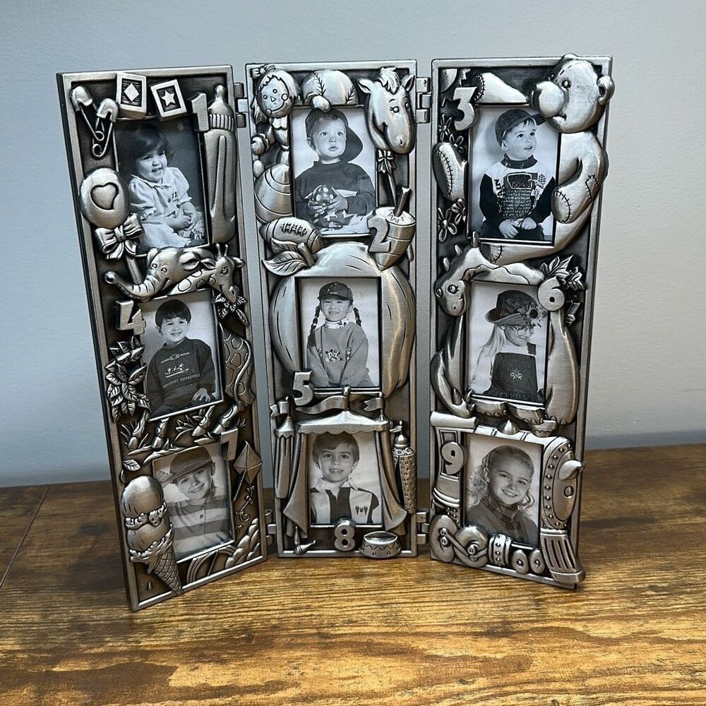 Pewter‎ Photo Frame Tri Fold Multi Photo Collage  Hinged 10.5” First Nine Years